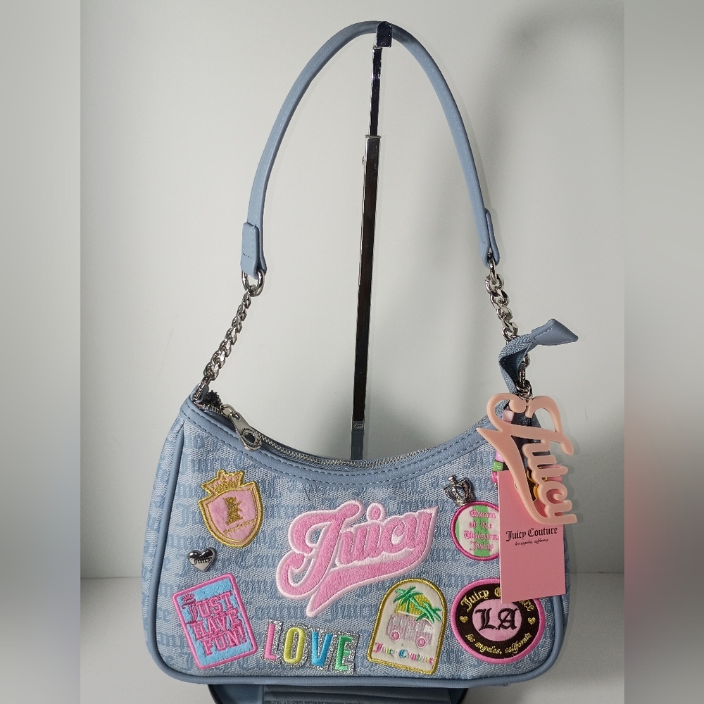 Juicy Couture Exclusive Run The World Light Blue Embroidered Patch Shoulder Bag